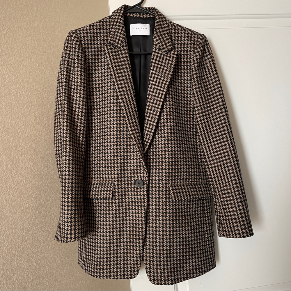 Sandro Houndstooth Wool Blazer - Tan/Black 36/S